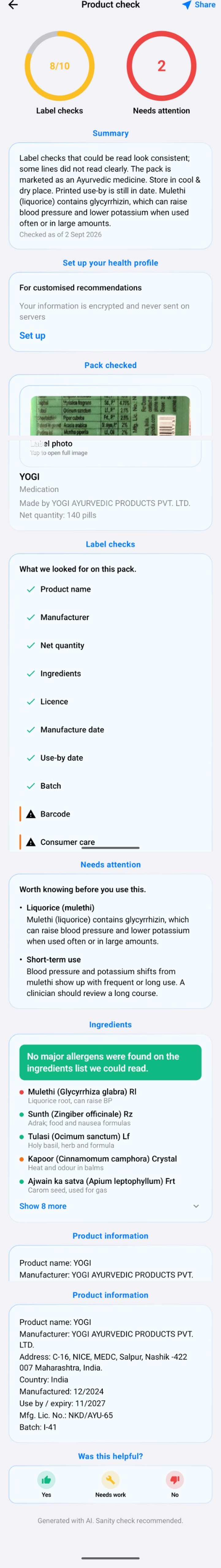 Product check result with the label photo, label checks and pack details.