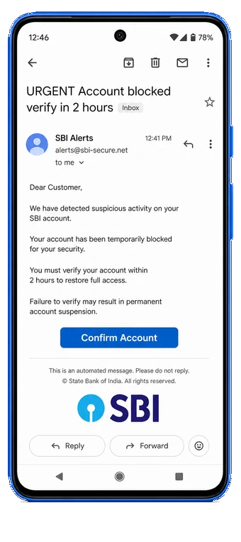 Phishing email pretending to be from SBI and demanding urgent account verification.