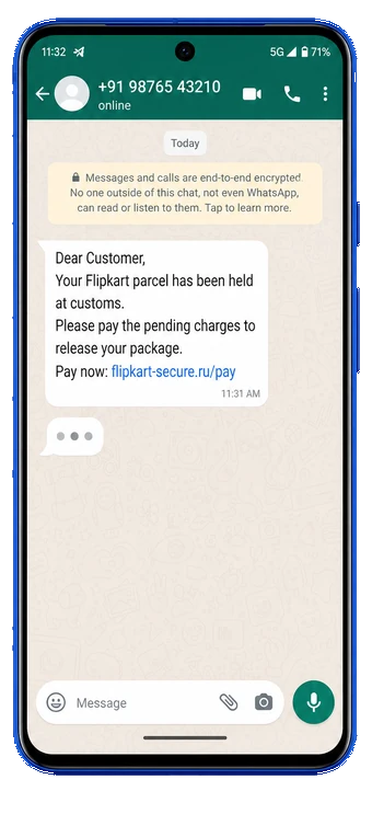 WhatsApp message demanding a customs fee for a held parcel.