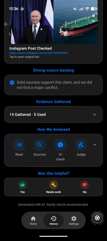 TruSight result detail showing strong source backing, evidence gathered of fourteen with five used, and the analysis stages read, sources, AI check and judge.