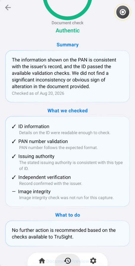 TruSight document check on a PAN card: the verdict Authentic, a summary saying the details match the issuer's record, and each check listed by name including PAN number validation, issuing authority and independent verification.