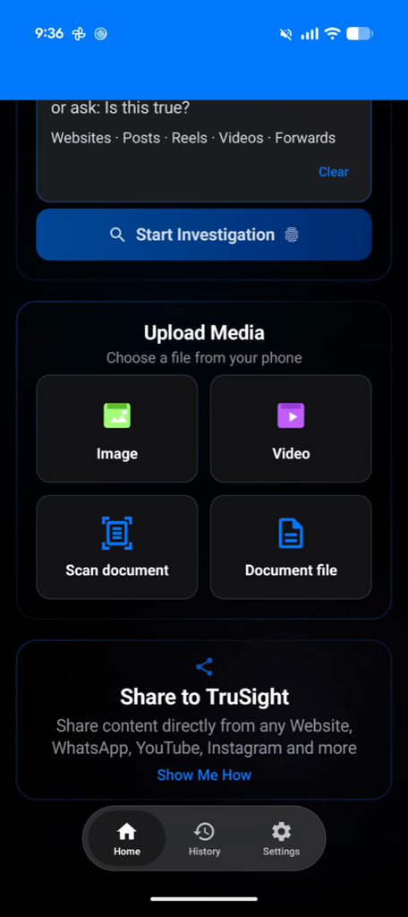TruSight home screen showing Start Investigation, Upload Media options for image, video, scan document and document file, and Share to TruSight.