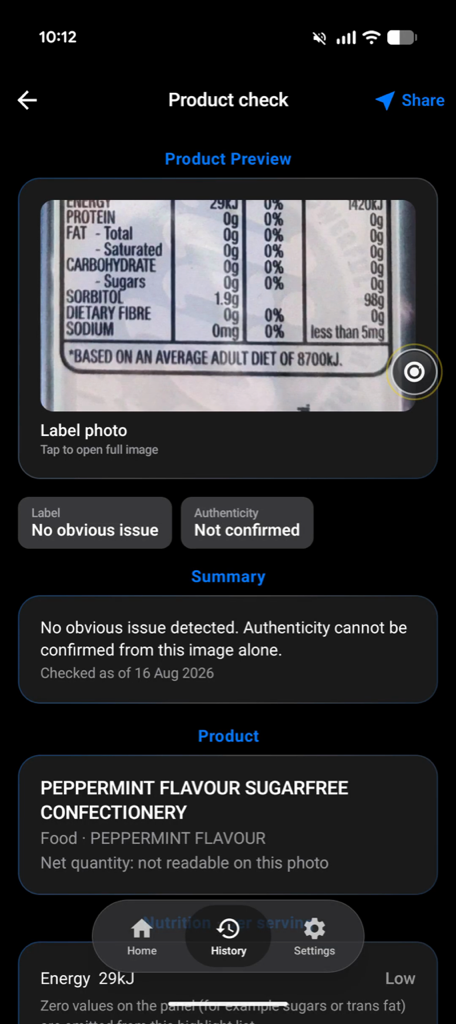 TruSight product check reading a nutrition label photo, showing no obvious issue, authenticity not confirmed, and the extracted product details.