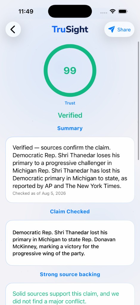 TruSight result screen: a trust score of 99, the verdict Verified, a summary of what sources found, and the claim that was checked.