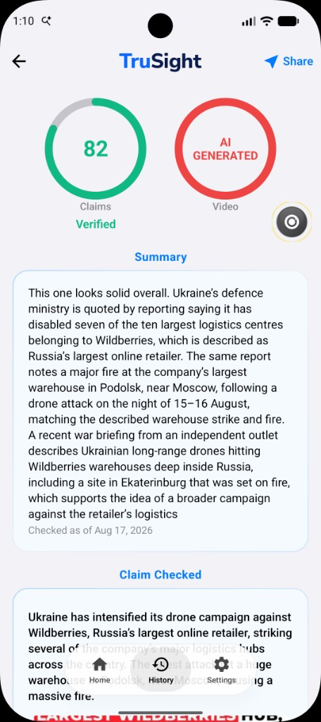 A TruSight video result with two score rings side by side: Claims scored 82 and marked Verified, and Video marked AI Generated, followed by a summary of what reporting said about the claim.