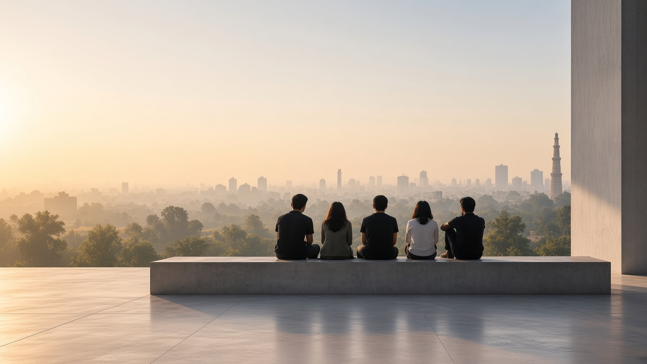 A small team sitting together, looking out over the city.
