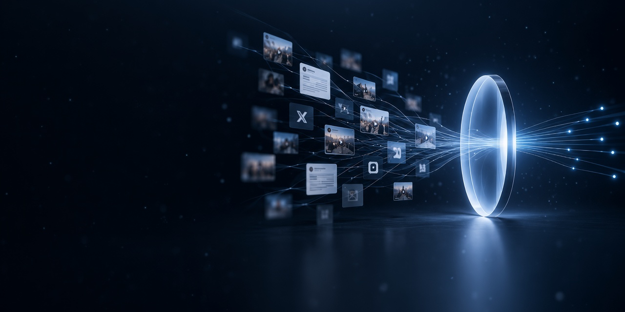 Internet fragments passing through a focusing lens into clearer signals.